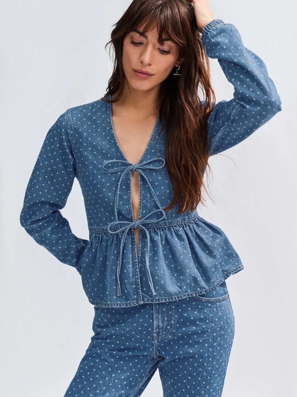 next Blue Polka Dot Tie-Front Denim Top